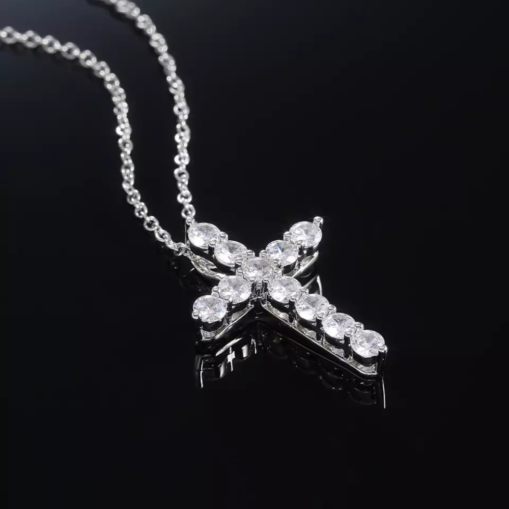 Round Cut Diamond Eternity Prong Cross Necklace